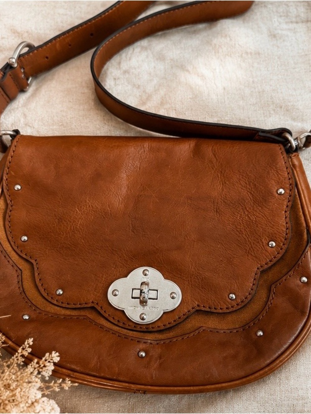 Michael Kors Tan Brown Scalloped Leather Crossbody Bag